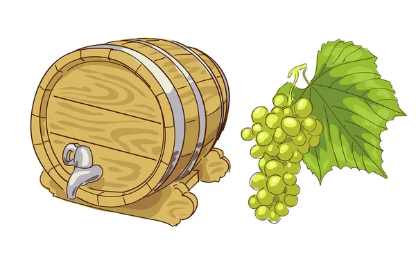 Old wooden barrel and grapes cluster. — Stock Illustration Old wooden barrel and grapes cluster. Royalty Free Stock Vectors