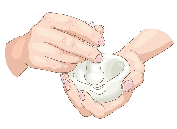 kadınların elleri bir havaneli ile harç.