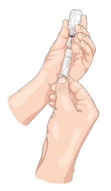 şırınga ve ellerinde şişe.