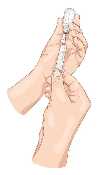 şırınga ve ellerinde şişe.