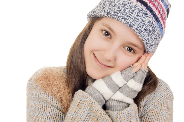 Beautiful young girl in warm winter clothes smiles — Stock Photo, Image