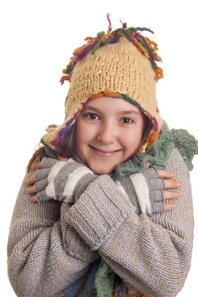 Beautiful young girl in warm winter clothes smiles — Stock Photo, Image