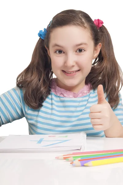 Beautiful girl drawing and showing OK — Stock Photo, Image