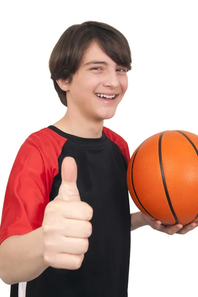 Retrato de um belo jogador de basquete sorrindo mostrando polegar u — Fotografia de Stock