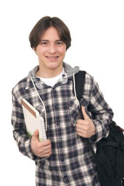 yakışıklı gülümseyen genç çanta paketi ve kitaplar ile