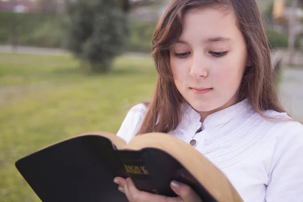 Menina bonita leitura bíblia sagrada — Fotografia de Stock