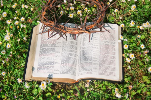 Biblia de cuero negro y corona de espinas — Foto de Stock