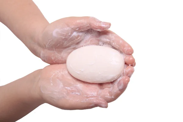 Sudsy hands with soap — Stock Photo, Image