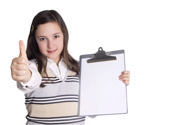 Girl with notepad showing OK sign — Stock Photo, Image