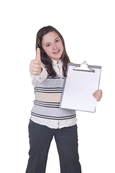 Girl with notepad showing OK sign — Stock Photo, Image
