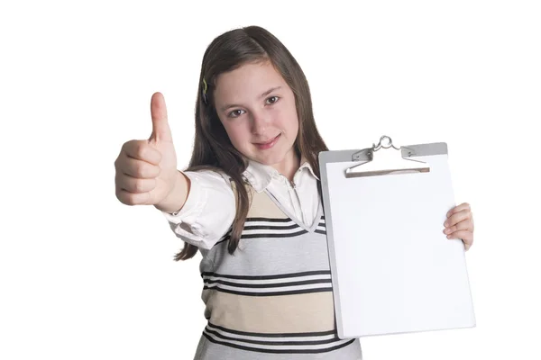 Menina com bloco de notas mostrando sinal OK — Fotografia de Stock