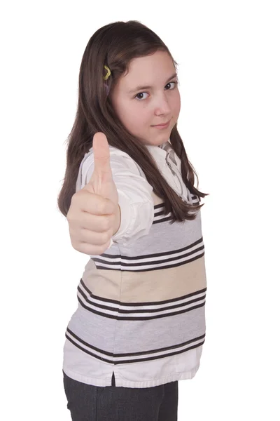 Menina da escola bonita mostrando polegar para cima — Fotografia de Stock