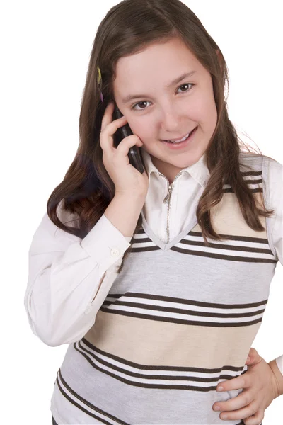 Menina da escola bonita falando no telefone móvel — Fotografia de Stock