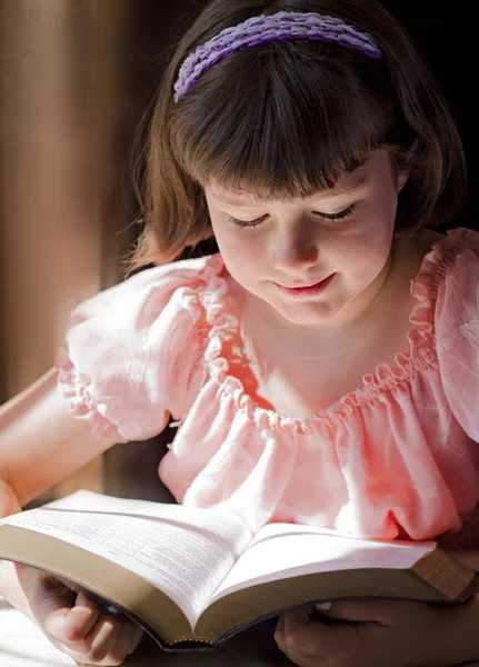 Menina bonita leitura bíblia sagrada — Fotografia de Stock