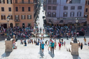 ROME-AUGUST 7: Fontana della Barcaccia and the Piazza di Spagna seen from the Trinità dei Monti on August 7,2013 in Rome, Italy. Fontana della Barcaccia is a Baroque fountain in Rome, Italy.