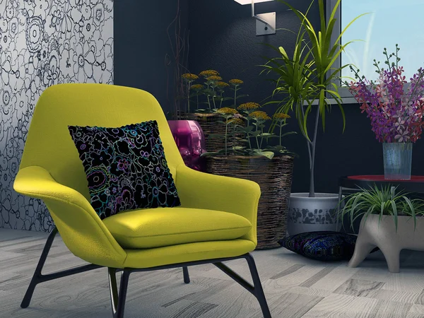Interiér obývacího pokoje s květinovými tapetami — Stock fotografie