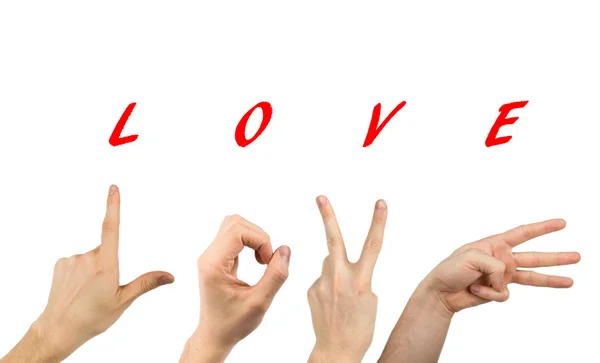 Viele menschliche Hand mit dem Wort Liebe mit Worten auf weißem Hintergrund — Stockfoto