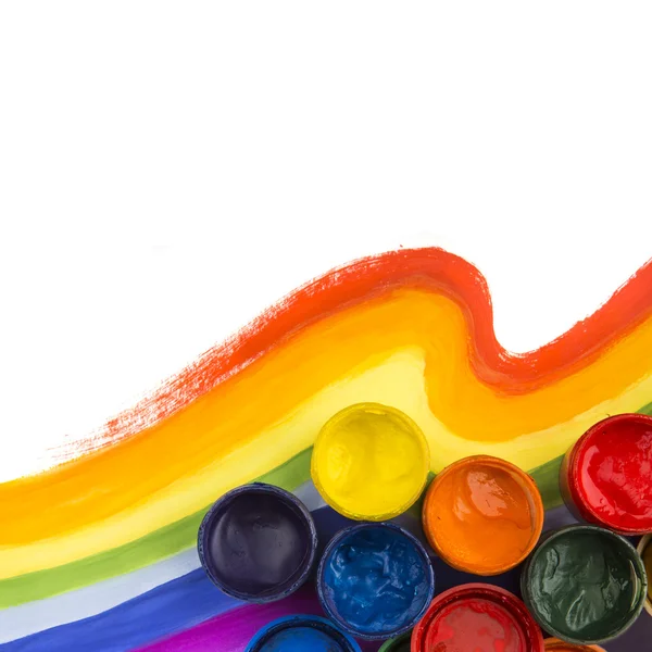 Art studio paints, palette, rainbow — Stok fotoğraf