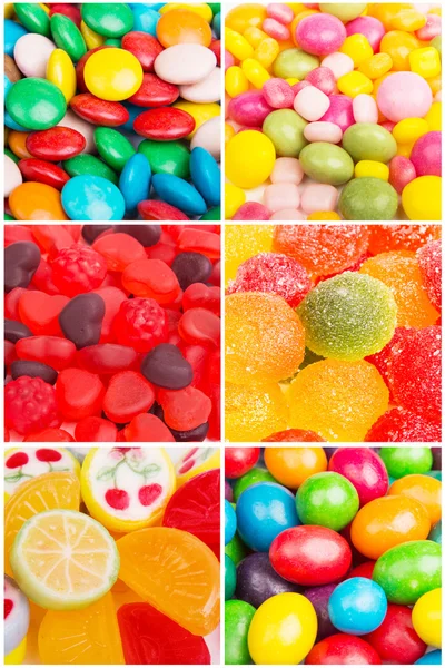 Collage von Fotos mit verschiedenen Süßigkeiten Stockbild