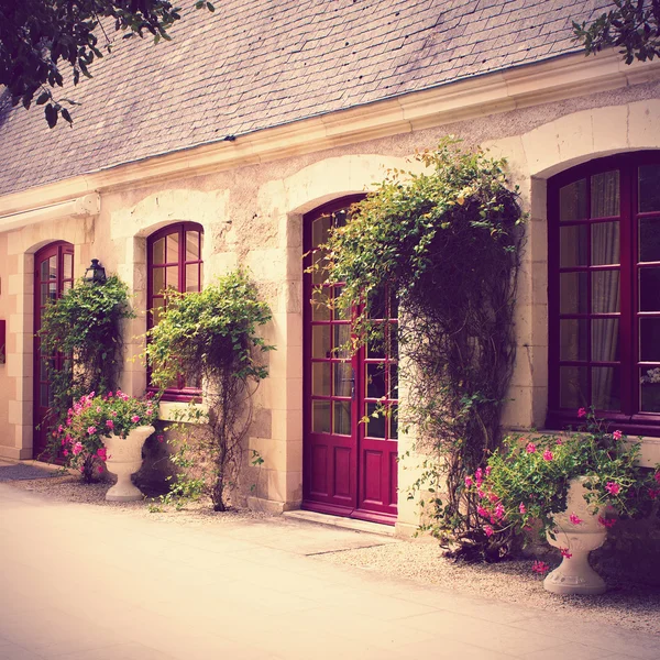 Town House Exterior Surrounded by Flowers and Plants