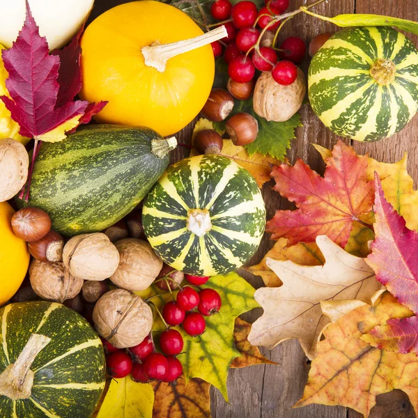 Sortierte Kürbisse mit Herbstblättern auf Holztisch — Stockfoto