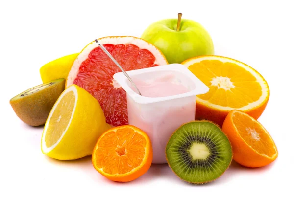 Variety of fruits and yogurt in plastic containers isolated on w — Stock Photo, Image