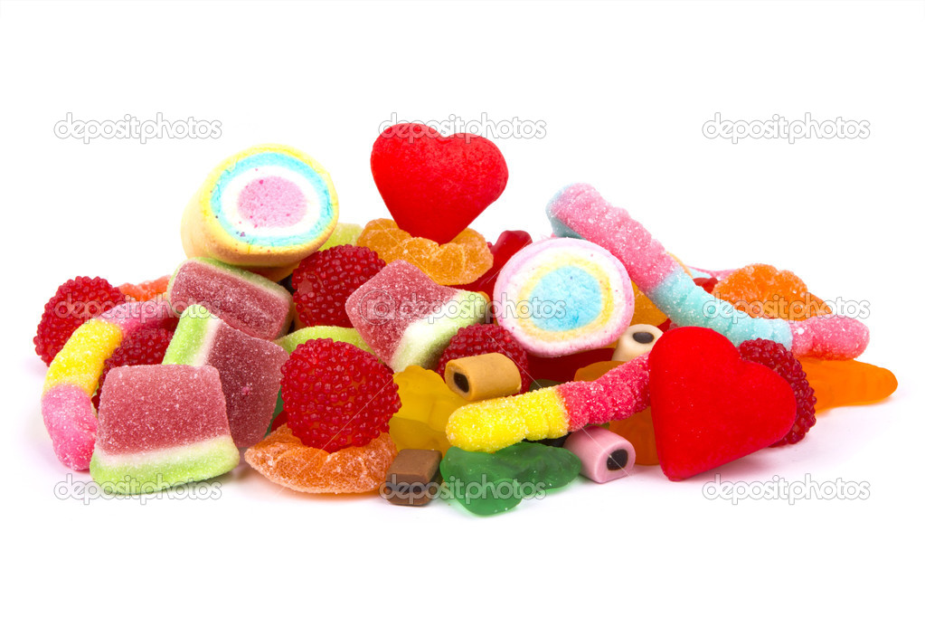 Border of colorful jelly candies on white