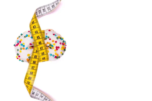Doughnut Tied Measuring Tape White Background Diet Concept — Stock Photo, Image