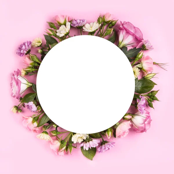 Arreglo Flores Con Flores Tarjeta Blanco Sobre Fondo Rosa — Foto de Stock