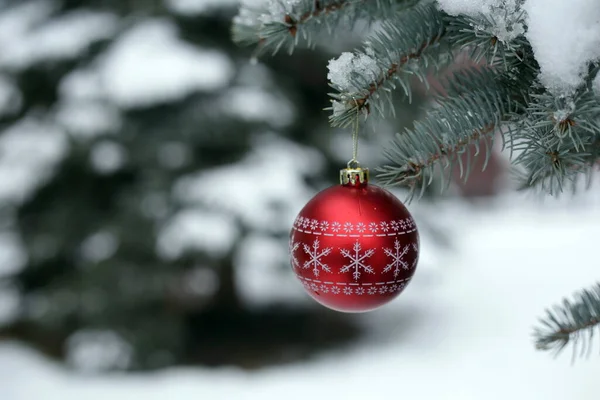 Christmas Decoration Red Christmas Ball Painted Snowflakes Blue Spruce Branch — Stock Photo, Image