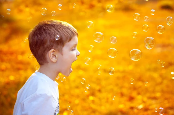 Beautiful little boy catches his mouth soap bubbles