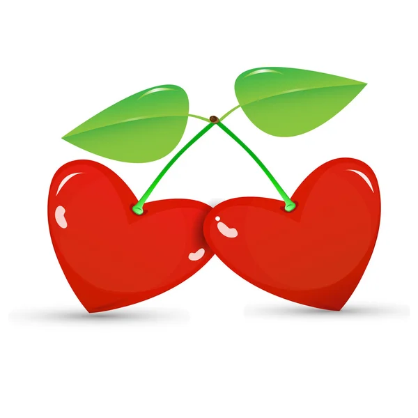 Twee rode kersen in de vorm van een hart op witte achtergrond — Stockvector