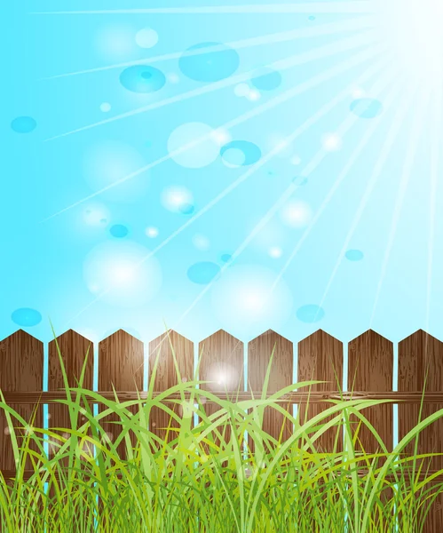 Omheining, groen gras en blauwe bokeh. Vector EPS 10. — Stockvector