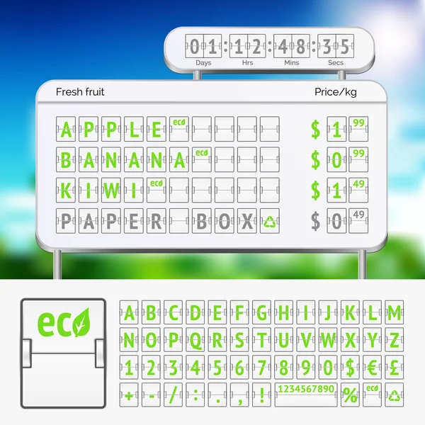 Alfabet mechaniczne wyników zielony z numerami biały — Wektor stockowy
