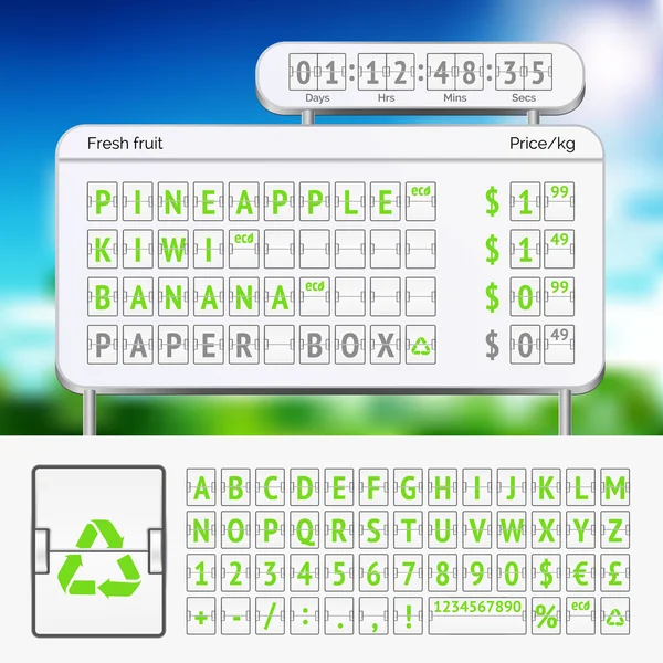 Alfabet mechaniczne wyników zielony z numerami biały — Wektor stockowy