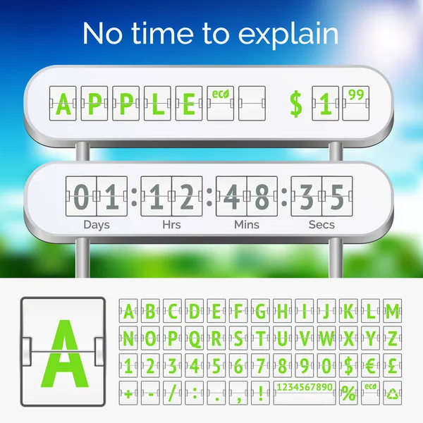 Механічний табло зелений алфавіт з цифрами на білому — стоковий вектор