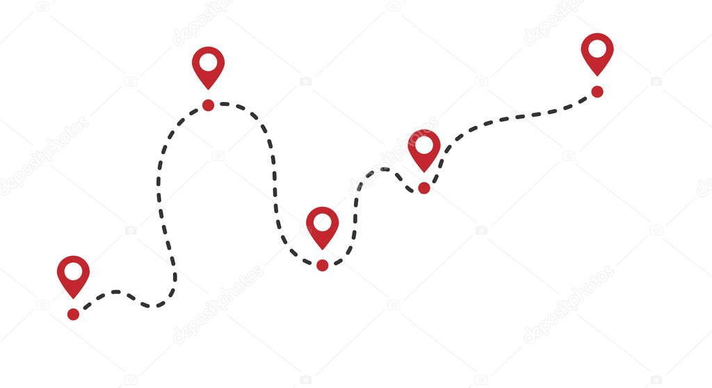 Dotted line road and geo tag pins travel concept