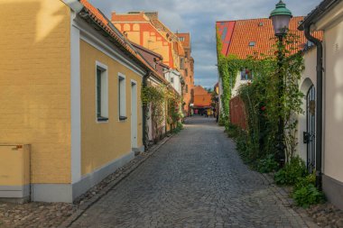 Ystad, Sweden - 6 Sep, 2022: Cobbled street in a smaller southern town with colorful houses.