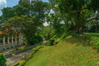 Singapur, 18 Mayıs 2018: Yeşil alanda bir bina ve yürüyüş yolu olan çok yeşil bir park