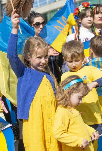 Ukrainian children at the London Stands With Ukraine demonstration rally at Park Lane, London, in protest of President Vladimir Putin's Russian invasion of Ukraine.