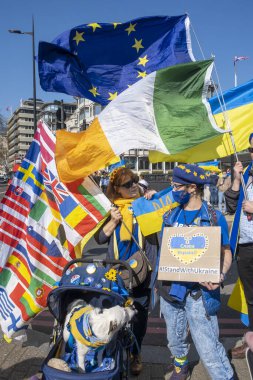 Londra, İngiltere. 26 Mart 2022. Londra 'daki savaş karşıtı protestocular, Başkan Vladimir Putin' in Rusya 'nın Ukrayna' yı işgalini protesto etmek için Londra 'nın merkezindeki Ukrayna gösteri mitingine katıldı..