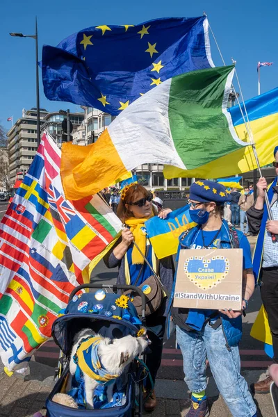 Londra, İngiltere. 26 Mart 2022. Londra 'daki savaş karşıtı protestocular, Başkan Vladimir Putin' in Rusya 'nın Ukrayna' yı işgalini protesto etmek için Londra 'nın merkezindeki Ukrayna gösteri mitingine katıldı..