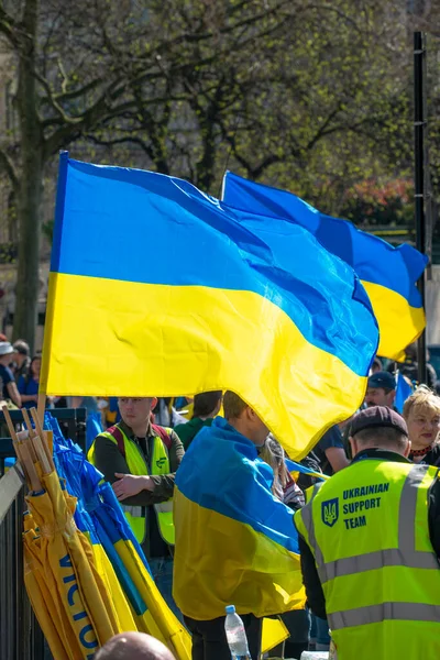 London 26Th March 2022 Flags Flying London Stands Ukraine Demonstration — Fotografia de Stock