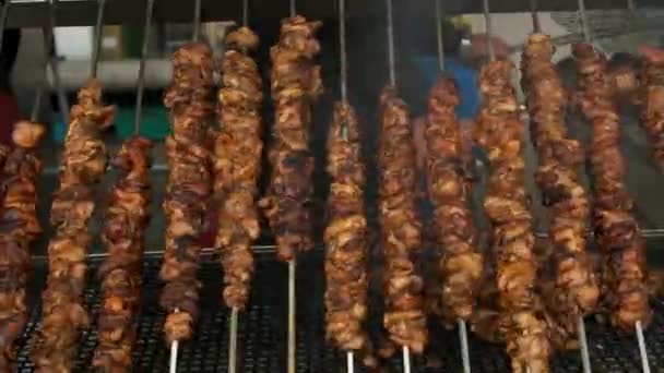 Vista Lateral Inclinada Carne Espetada Para Fazer Kebabs Sendo Grelhada — Vídeo de Stock