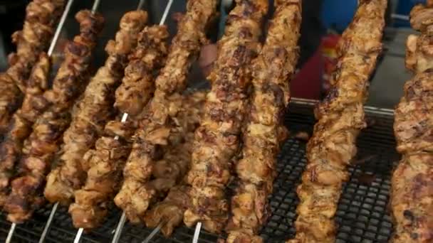 Kątowy Widok Boku Mięso Paskach Produkcji Kebabów Grillowane Przenośnym Grillu — Wideo stockowe