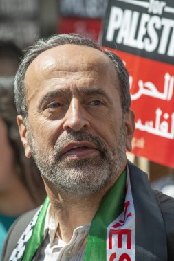 Londra, İngiltere. 14 Mayıs 2022. İngiltere 'deki Filistin Forumu' ndan Zaher Birawi, 1948 'de İsrail kurulduğunda, Nakba' nın 74 yıllık protestosunu protesto etmek için Londra 'daki Özgür Filistin mitingine katıldı..
