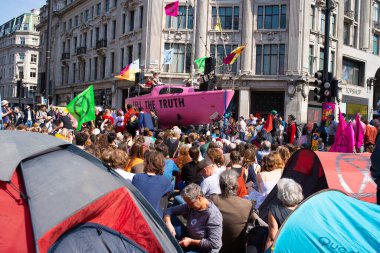 London, UK, 19th April 2019. Climate change/eco protesters at the Extinction Rebellion demonstration, at Oxford Circus, London, in protest of world climate breakdown and ecological collapse.