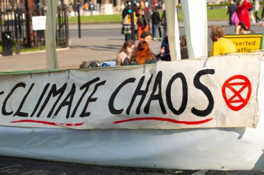 Londra, İngiltere. 19 Nisan 2019. Dünya iklim çöküşünü ve ekolojik çöküşü protesto etmek için Londra Parlamento Meydanı 'ndaki Soykırım İsyanı gösterisinde görülen pek çok işaretten biri..