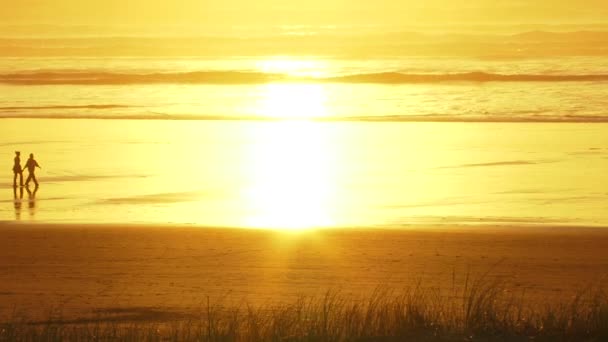 Océano puesta de sol con pareja caminando playa de arena — Vídeo de stock