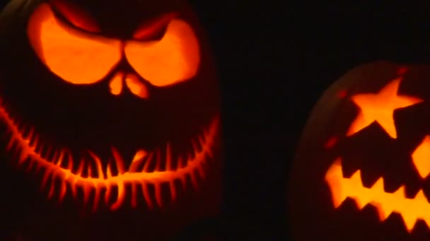 En grupp av pumpor lyser upp på Halloween. — Stockvideo